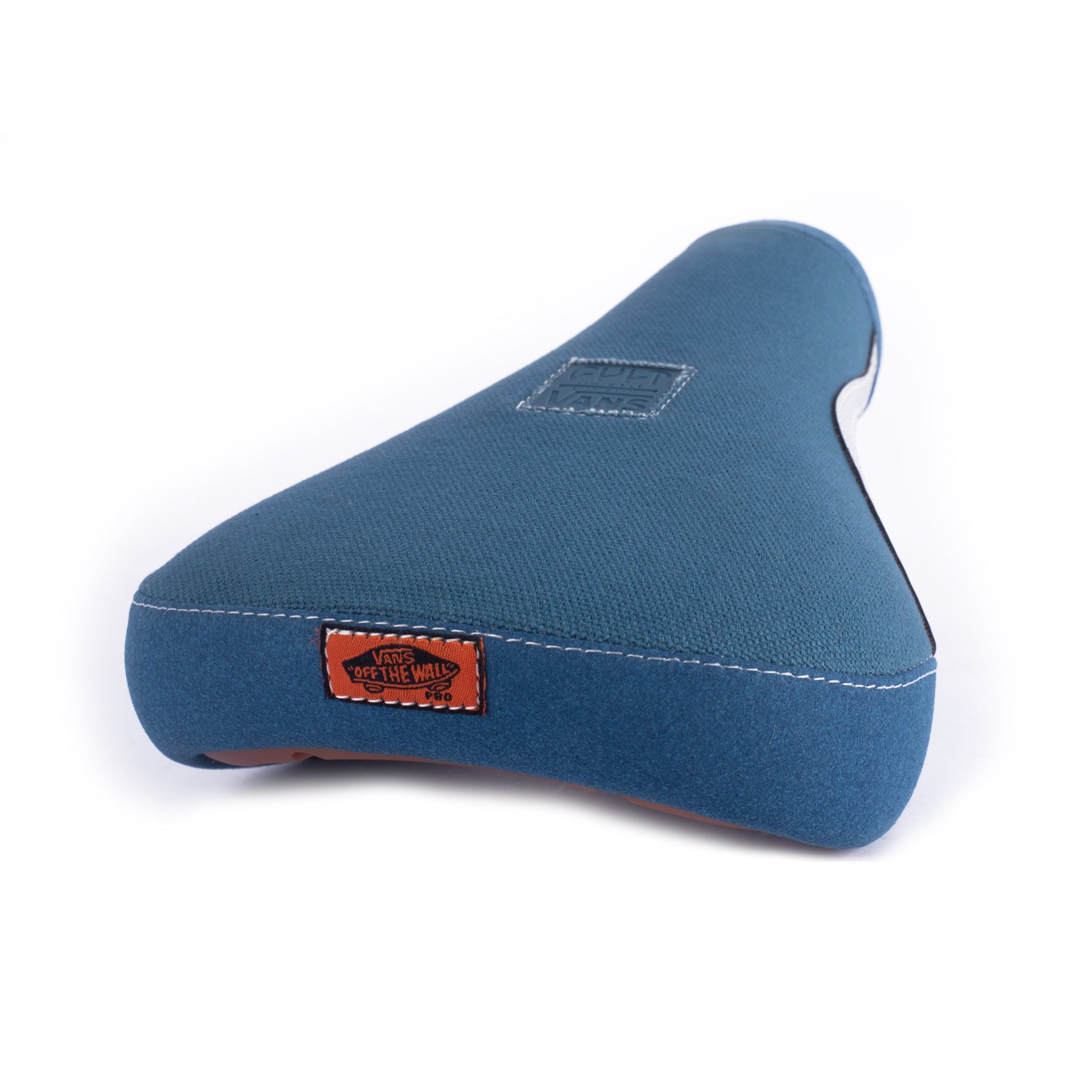 Cult Vans Pivotal Seat in blue/white, featuring a stitched orange label on the back, shown against a white background.