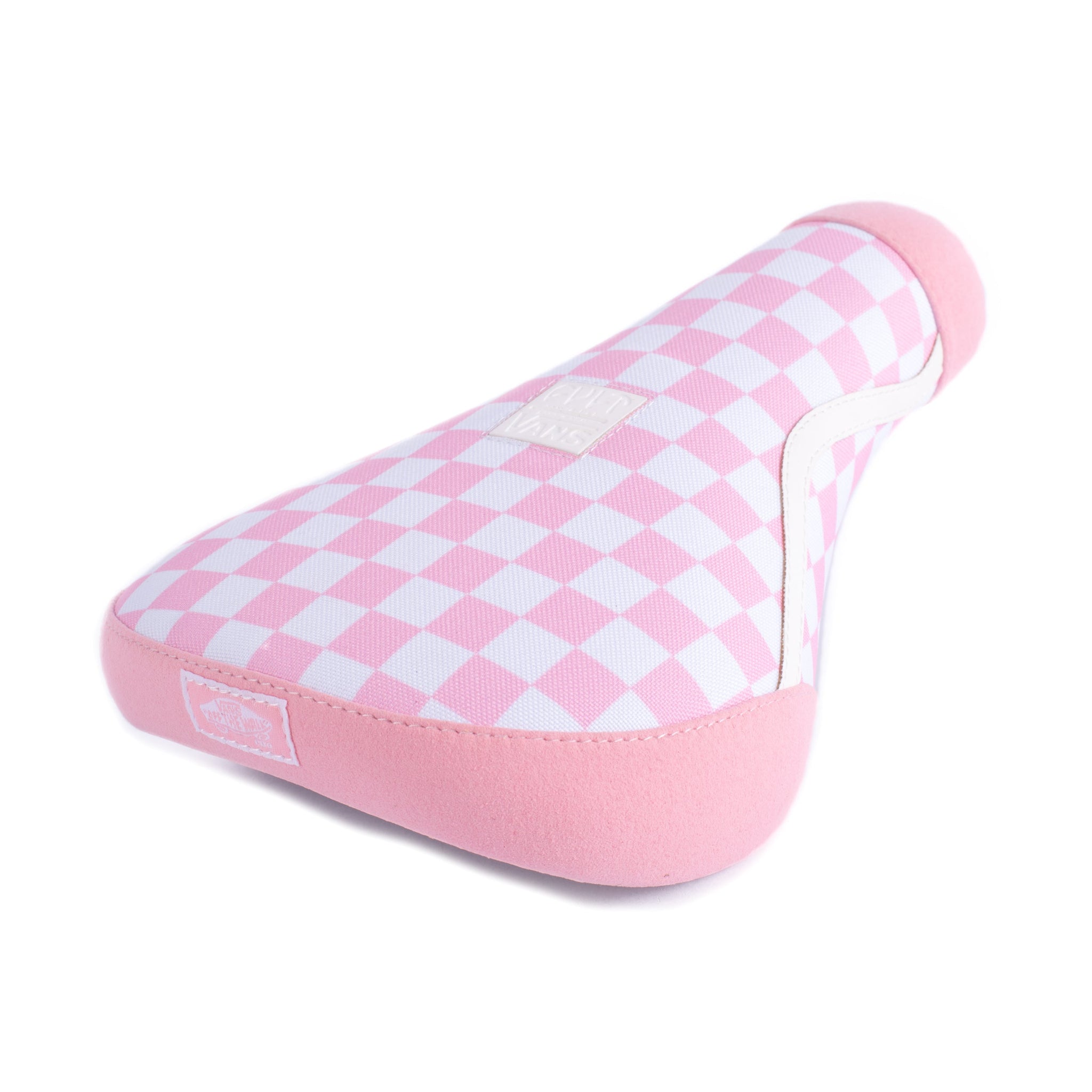 The Cult Vans Pivotal Seat in Pink/White features a checkerboard pattern, light pink edges, and a white logo patch—perfect for giving your bike standout style. Inspired by the iconic CULT x VANS collaboration.