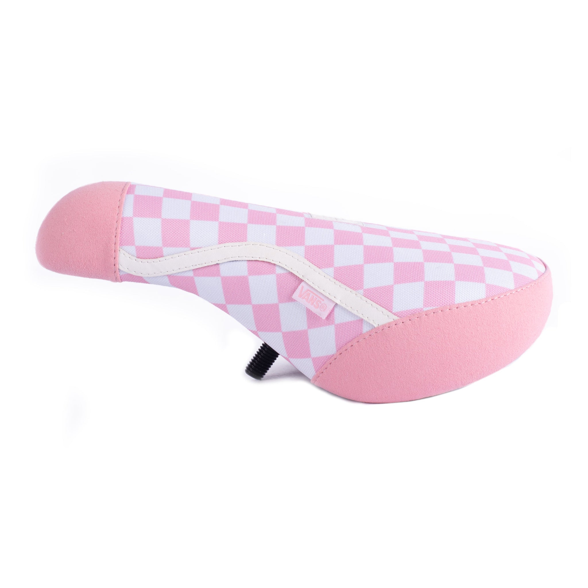 The Cult Vans Pivotal Seat in pink and white, featuring a checkerboard design and black mounting post, inspired by the CULT x VANS collaboration, is shown against a white background.