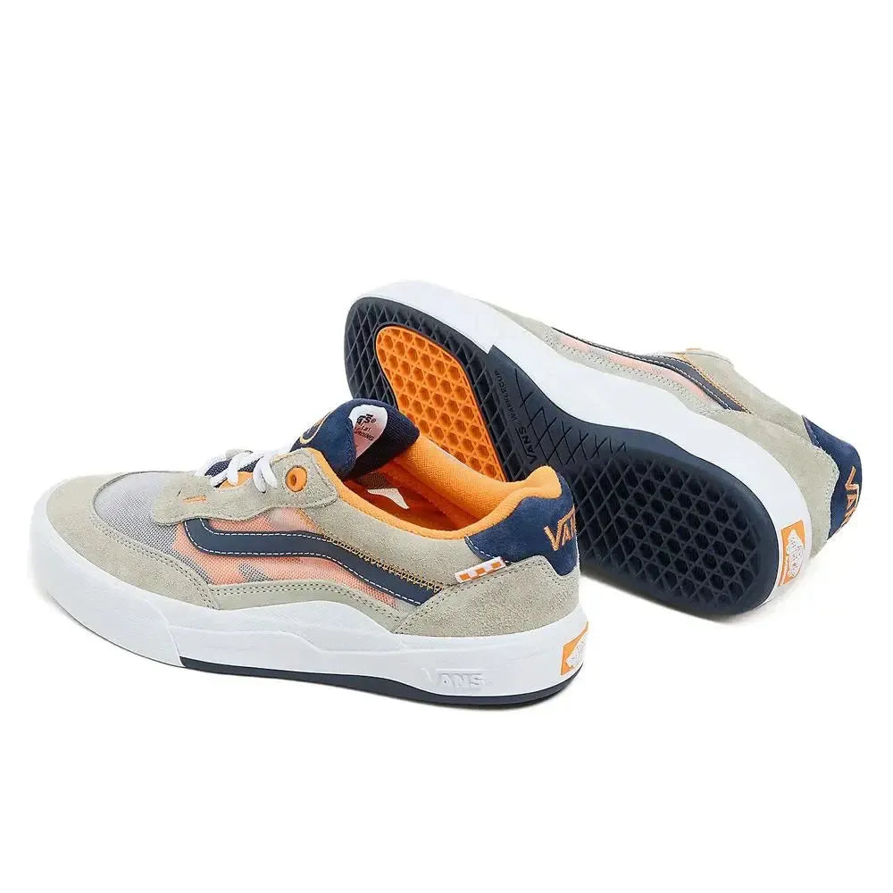 A pair of Vans Wayvee Pro Shoes in smoke and navy colors, displayed with one shoe standing upright and the other laying on its side. The DURACAP™ toe cap and WAFFLECUP™ outsole are visible in the sole view.