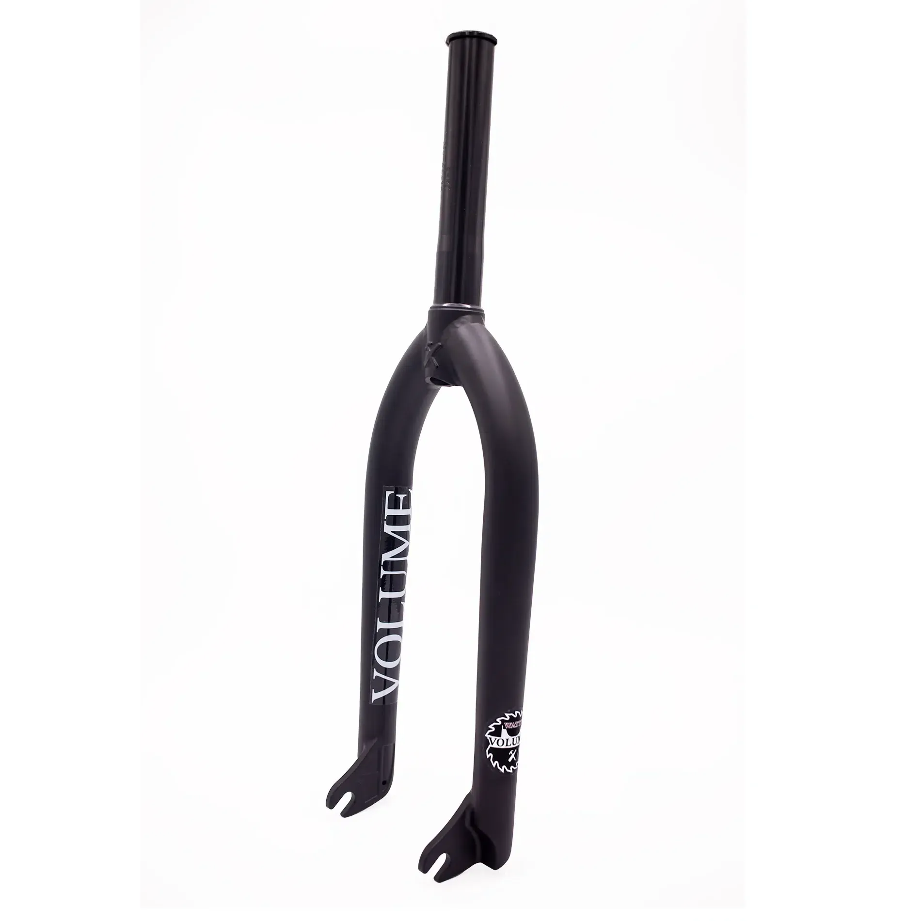 The Volume Jason Watts Smoko Fork, in black, stands out against the white background. Crafted from 4130 heat-treated CRMO with investment cast dropouts, it embodies durability and precision for riders seeking reliability.