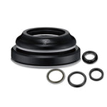 A black VP Alloy Tapered Headset with multiple circular components and rings is arranged on a white background, featuring an integrated threadless design.
