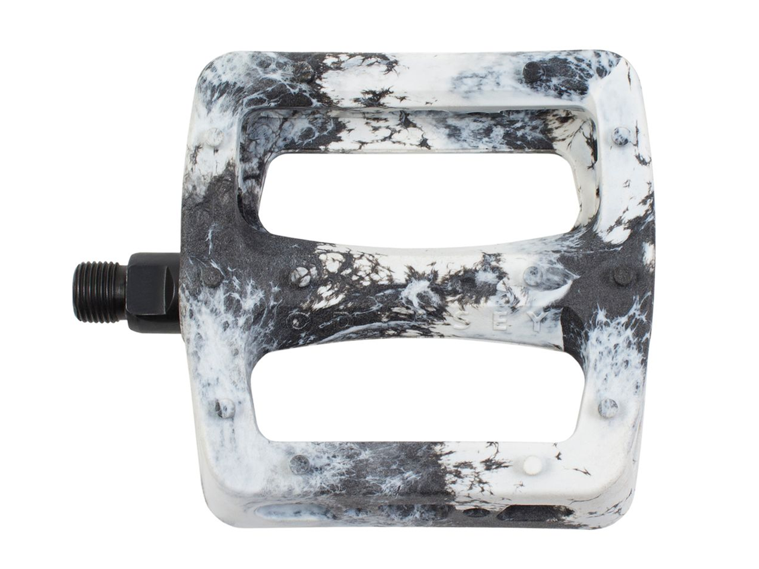 The Odyssey Twisted PC Pro Pedals feature a rectangular shape, marbled black and white design, two large cutouts, and a durable nylon composite build—perfect BMX pedals for top performance, shown here from above.