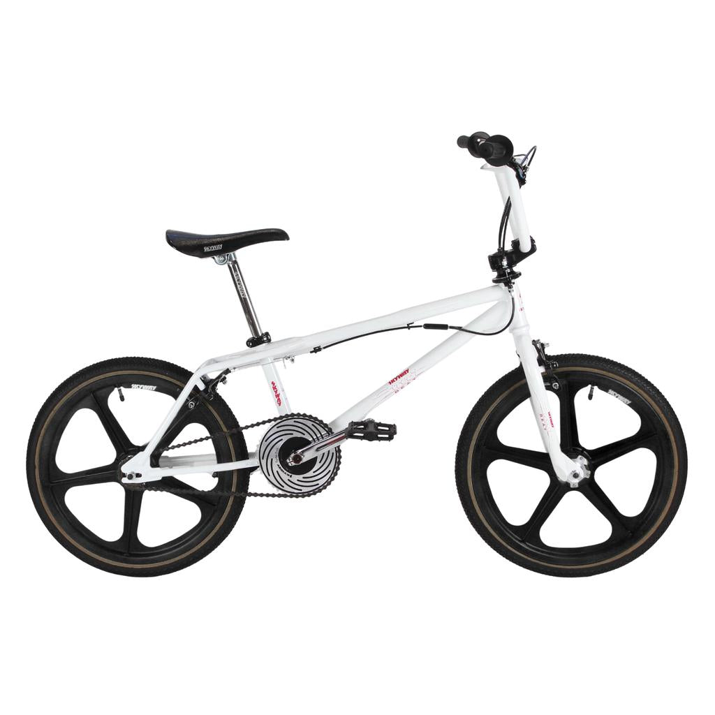 The Skyway Street Beat EX 20 Inch Bike, shown side profile on a white background, features a white BMX frame with black mag wheels, black seat and handlebars, and a durable 4130 chromoly frame for enhanced performance.