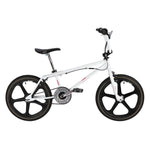 The Skyway Street Beat EX 20 Inch Bike, shown side profile on a white background, features a white BMX frame with black mag wheels, black seat and handlebars, and a durable 4130 chromoly frame for enhanced performance.