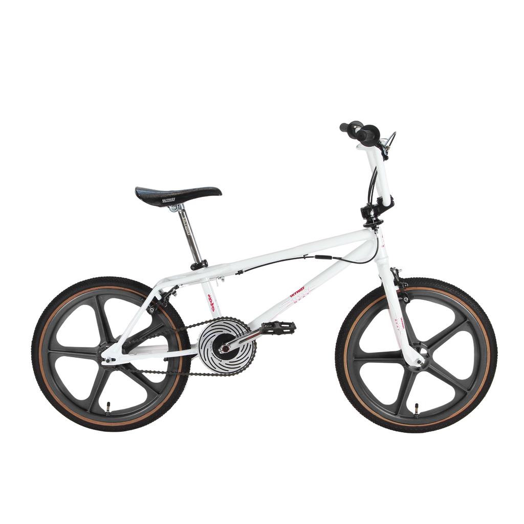 The Skyway Street Beat 20 Inch Bike features a white 4130 chromoly frame, black five-spoke wheels, black saddle, and straight handlebars, displayed in side profile on a plain white background.