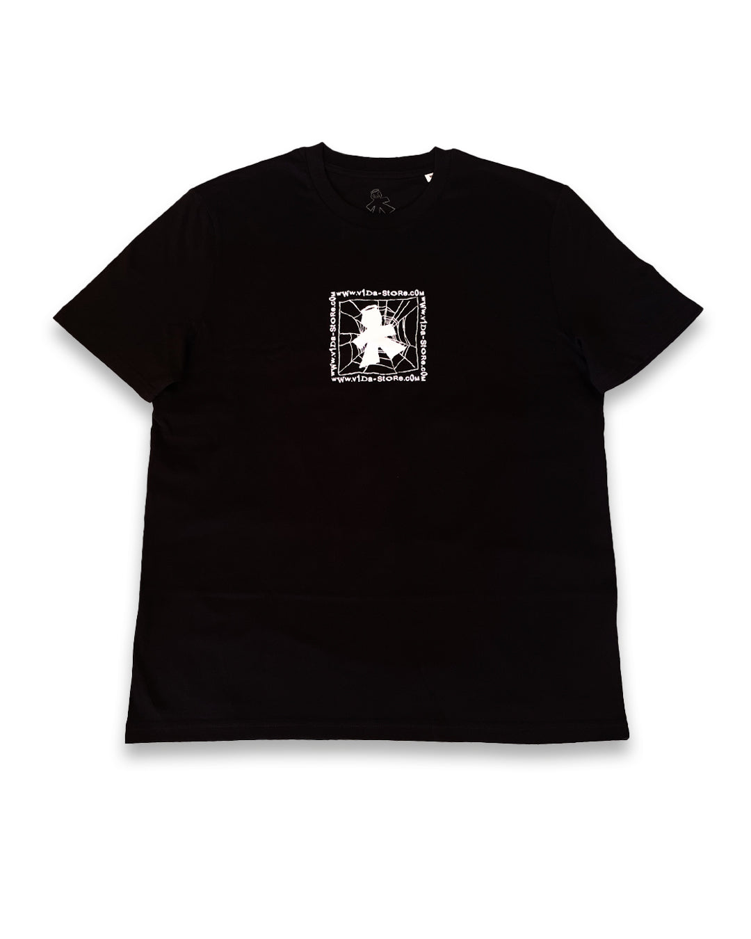The V1da Web T-shirt is a black, short-sleeve BMX top made from 100% cotton. It features a white rectangular screenprint with centered text on the chest and is shown laid flat on a white background.