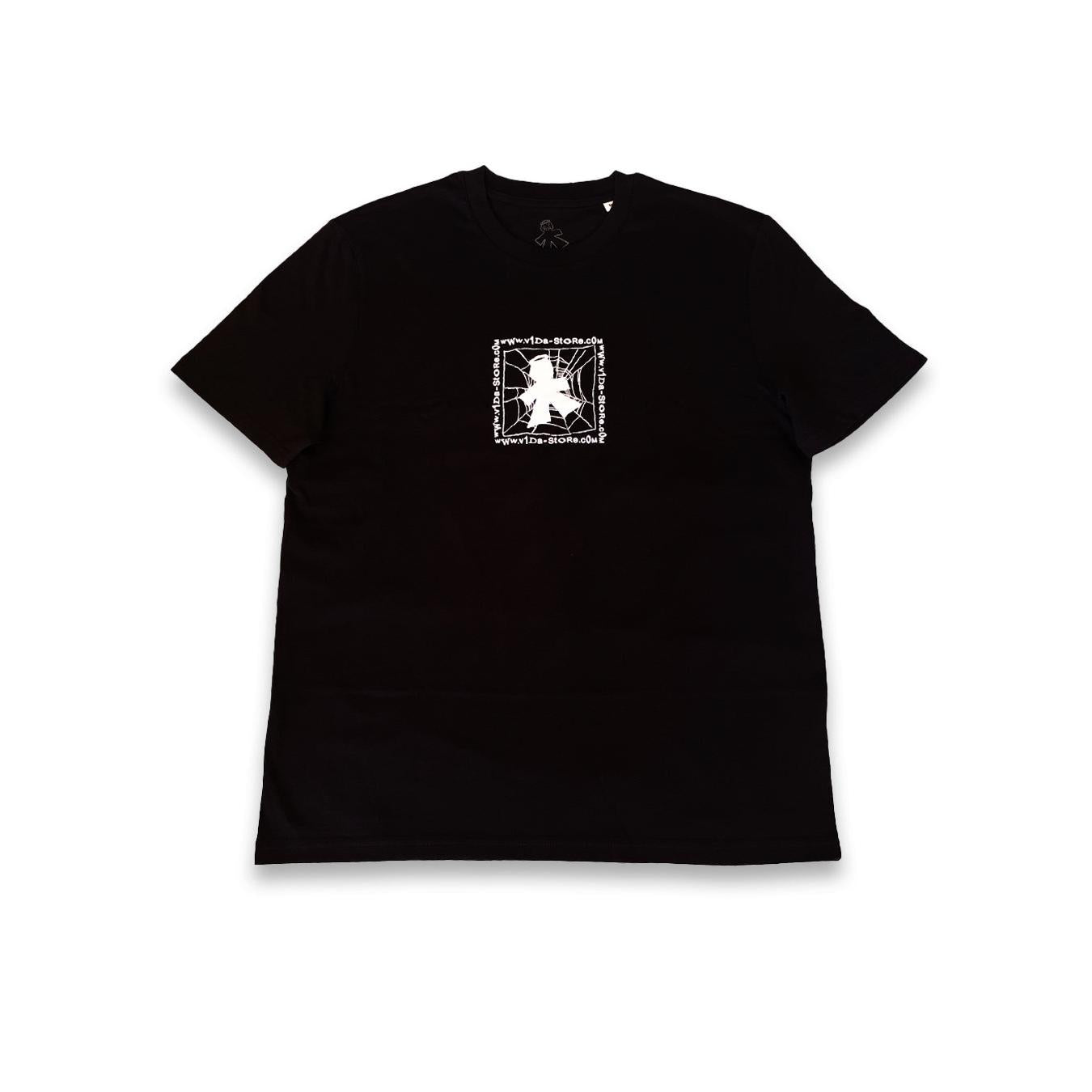 The V1da Web T-shirt is a black, short-sleeve BMX top made from 100% cotton. It features a white rectangular screenprint with centered text on the chest and is shown laid flat on a white background.