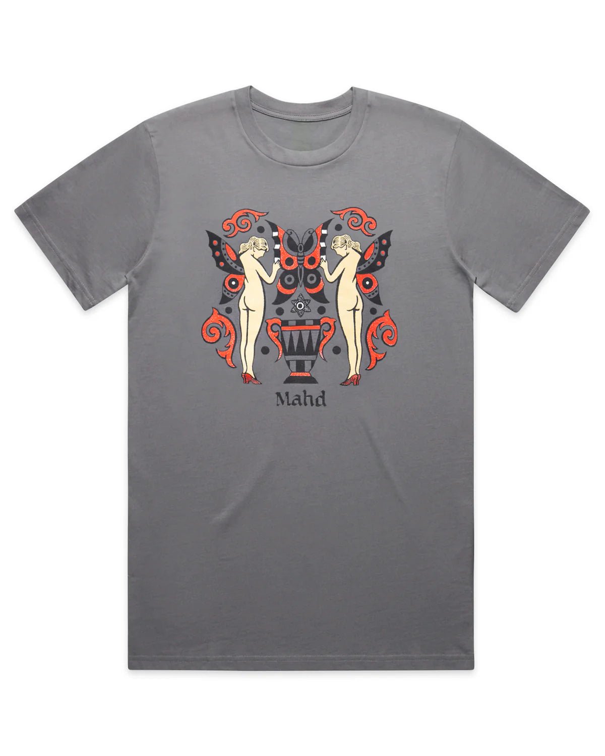 The Mahd Wesley Tee features an abstract design with two nude figures, red and black butterfly wings in traditional tattoo style, decorative red patterns, and "Mahd" printed below. Inspired by Cape Town artistry.
