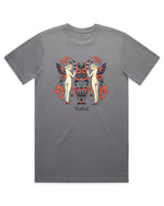 The Mahd Wesley Tee features an abstract design with two nude figures, red and black butterfly wings in traditional tattoo style, decorative red patterns, and "Mahd" printed below. Inspired by Cape Town artistry.