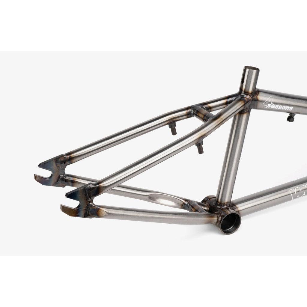 Close-up of the rear triangle and dropout area of the limited-edition Wethepeople 4 Seasons BMX metal frame against a white background, highlighting its craftsmanship.
