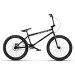 A black Wethepeople Havoc 22 Inch Bike with thick tires, straight handlebars, and a compact frame is shown in profile on a white background. This freestyle BMX is disc brake-ready for improved stopping power.