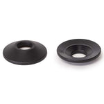 Two black, round plastic Wethepeople Helix Front Hub Guards with central holes rest on a white surface; one lies flat, while the other is slightly raised.