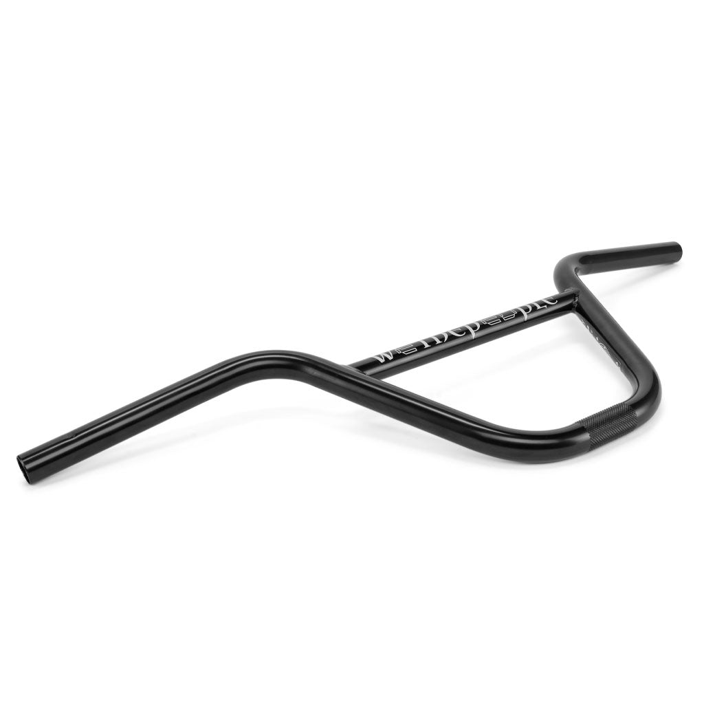 A black, lightweight Wethepeople Prodigy Handlebar features a unique, angular design and a horizontal crossbar proudly displaying its logo.
