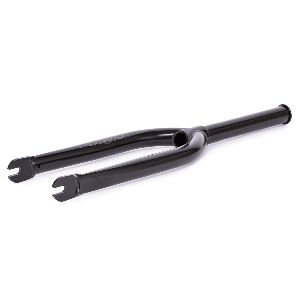 The Wethepeople Utopia Zero Flatland Fork is a black bicycle fork with tapered legs and a CNC’d steerer, featuring right-angled mounting slots—ideal for flatland BMX enthusiasts.