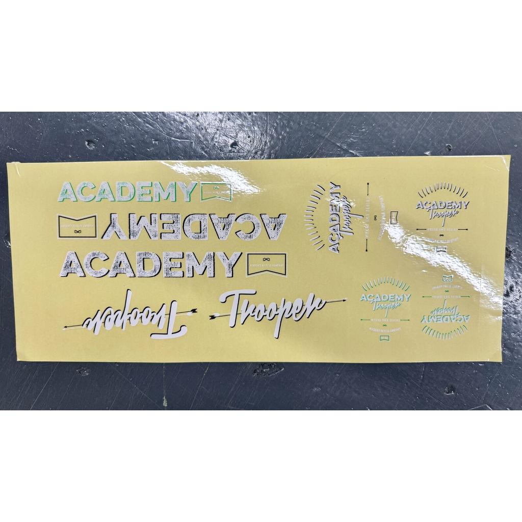 Academy Trooper Sticker Pack featuring yellow “Academy” and “Trooper” logos in various fonts and styles, suitable for BMX bikes.