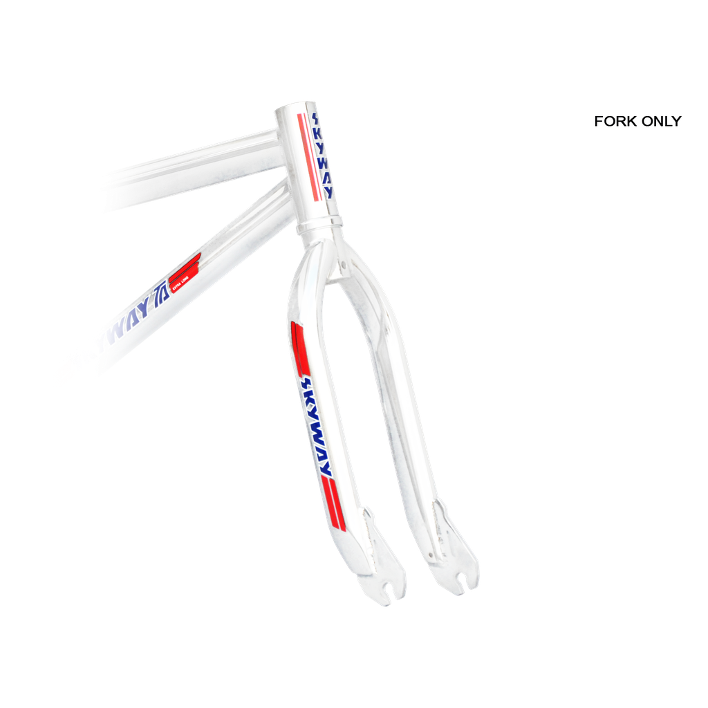 A Skyway TA 20 Replica Forks bicycle frame with red, white and blue stripes, featuring chromoly construction.