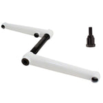 A white and black handlebar with Profile Race Cranks.