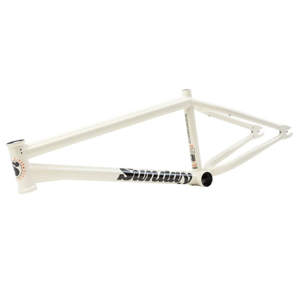 A lightweight white Sunday Soundwave V3 Frame with a black logo on it.