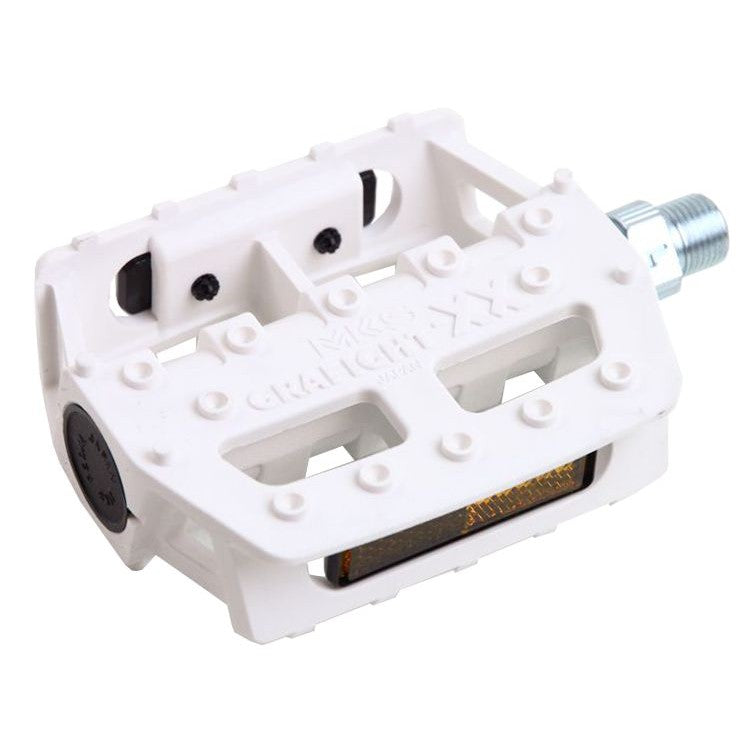 A pair of MKS Grafight XX Caged Pedals on a white background made with Synthetic Fiberglass Resin.