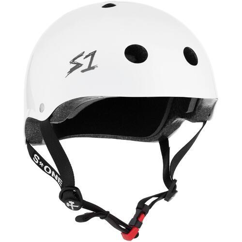 A white S-One Mini Lifer Helmet with the word sz on it, offering certified high impact protection.