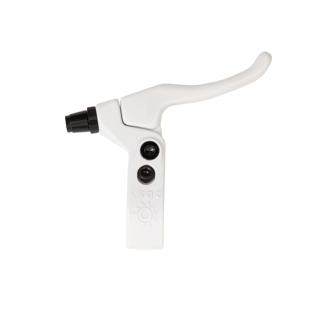 The Odyssey Springfield Brake Lever is a white BMX lever with two adjustment screws and a black pivot, shown on a white background—ideal as an affordable BMX upgrade or replacement for your Odyssey Springfield Brake.
