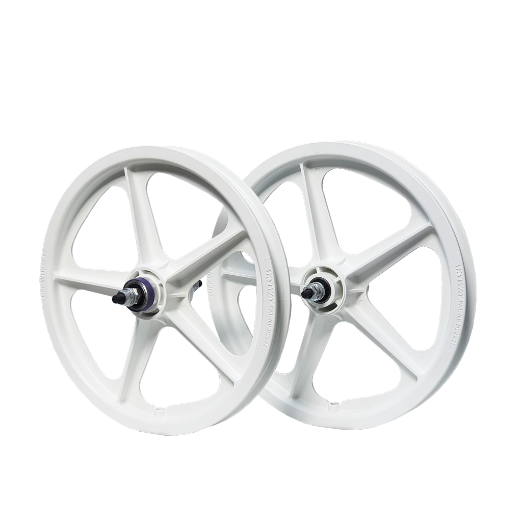 A pair of Skyway Tuff 5 Spoke 16 Inch Wheelset in white with sealed bearings for 16" bikes.