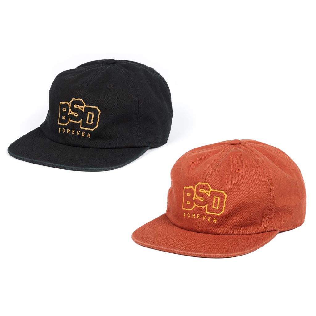 Two baseball caps, one black and one orange, both with "BSD FOREVER" embroidered in yellow on the front. These BSD Wobbler Cap add a touch of transformation to any outfit.