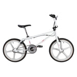 A white Skyway Street Beat EX 20 Inch Bike with a 4130 chromoly frame, black seat, black pedals, and five-spoke mag wheels is shown in profile on a white background.