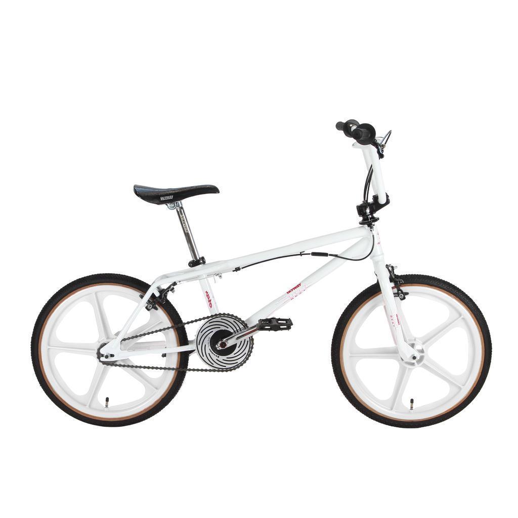 Side view of the Skyway Street Beat 20 Inch Bike in white, featuring mag wheels, black seat, handlebars, and pedals, inspired by the classic design and isolated on a white background.