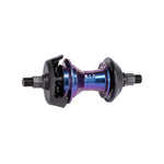 Close-up of the Wethepeople Hybrid Hub, showcasing a colorful cassette hub with black components and "W-T-P" printed on it, featuring a patented Magnetic Pawl Retention System.