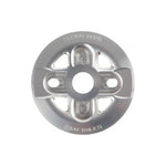The S&M X-Man Guard Sprocket is a CNC machined silver bike sprocket made from durable aluminum, featuring the engraved text "S&M Bikes," designed in a circular pattern with multiple attachment holes.