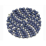 Close-up image of a coiled YBN Freestyle chain 1/2-1/8 featuring distinctive blue links and colored outer plates.