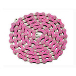 The YBN Freestyle chain 1/2-1/8, featuring a striking pink and silver design, spirals gracefully on an immaculate white backdrop.