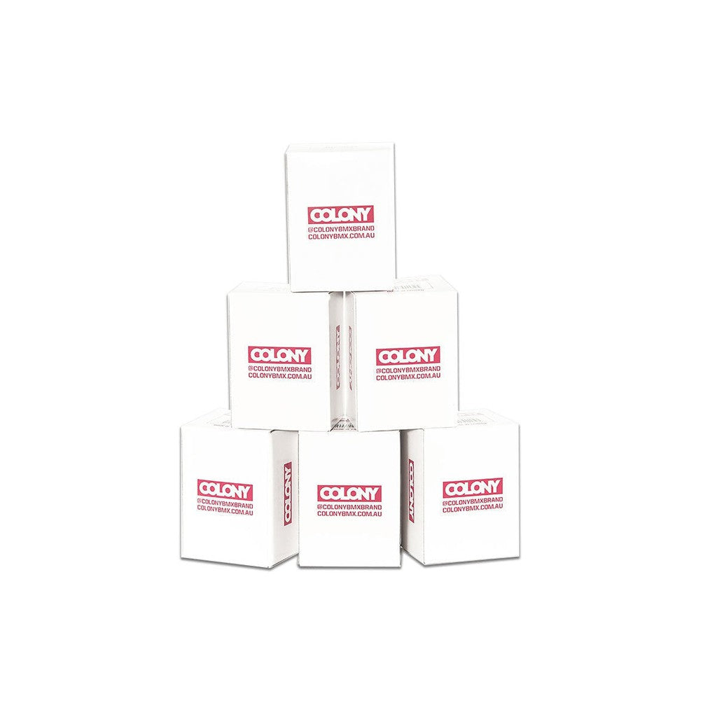 A pyramid of six white boxes labeled "Colony/Innova Tube (Each)" sits on a pristine white background, suggesting durability similar to BMX tubes with reliable Schrader valves.